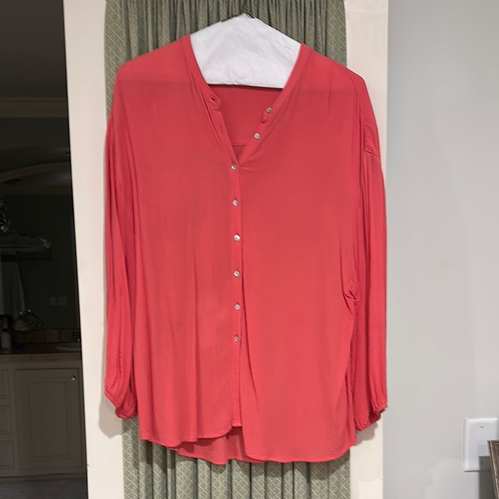 Z Supply Pink Mandarin Collar 3/4 Sleeve Button Down